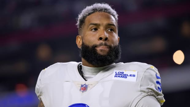 Rams wide receiver Odell Beckham Jr. stands for the national anthem before the team’s game against the Cardinals.